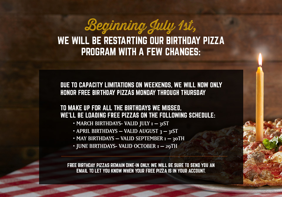 We will be restarting our birthday pizza program with a few changes